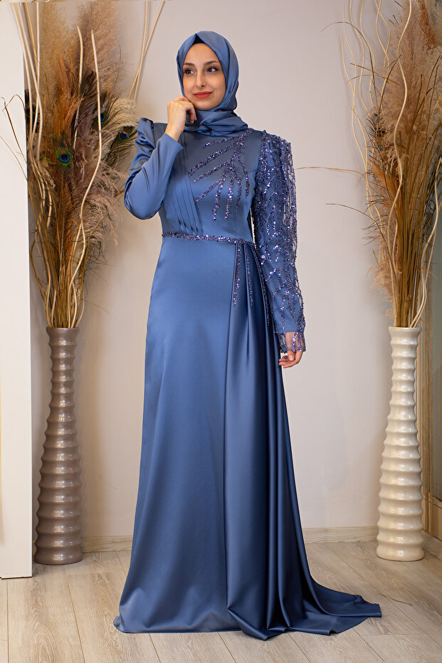 Efila Beaded Sleeve Evening Dress Indigo