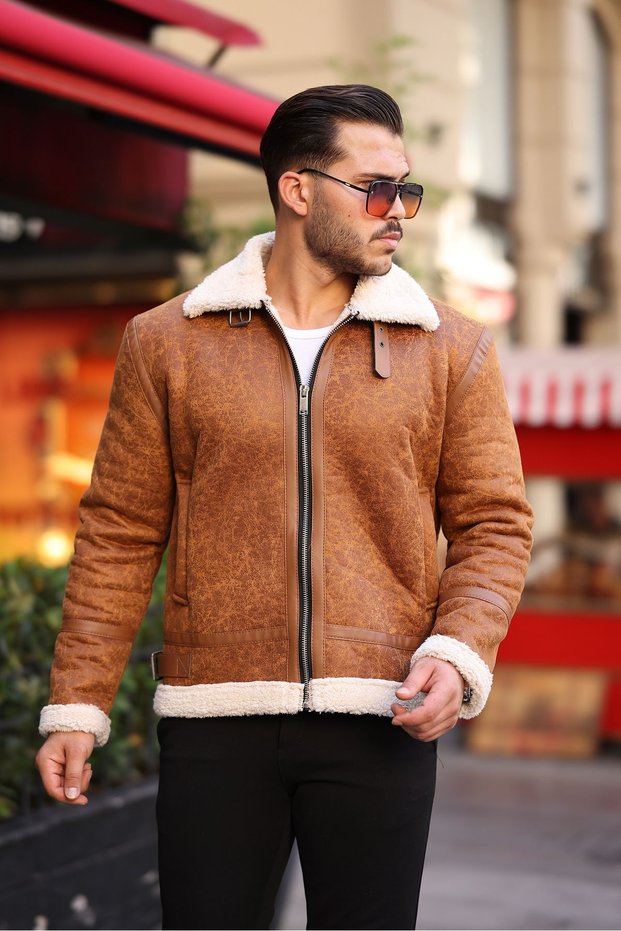 Men's Napa Leather High Quality Slim Fit Tan Coat & Jacket with Full Fur Inside