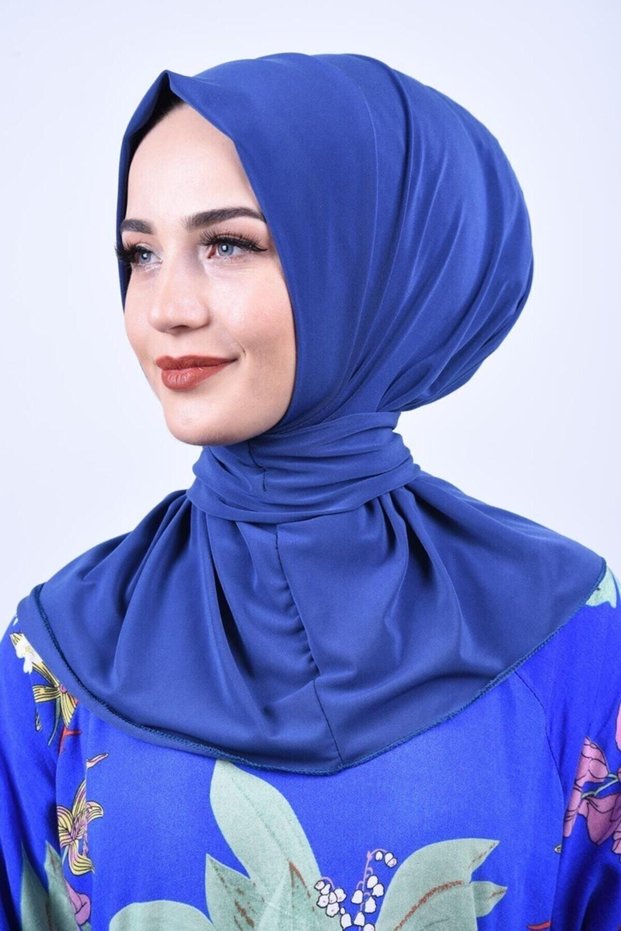 Women's Hijab Snap Neck Collar Hijap Bonnet Shawl - Indigo Blue