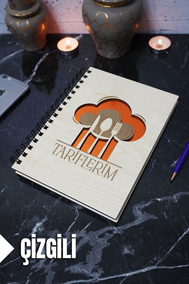 Kitchen Themed Wooden Cover Notebook - Lined Recipe Book - Agenda - School Notebook (A5 - 120 Pages)