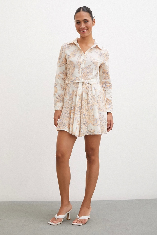 Godeli Desenli Elbise Krem - 1