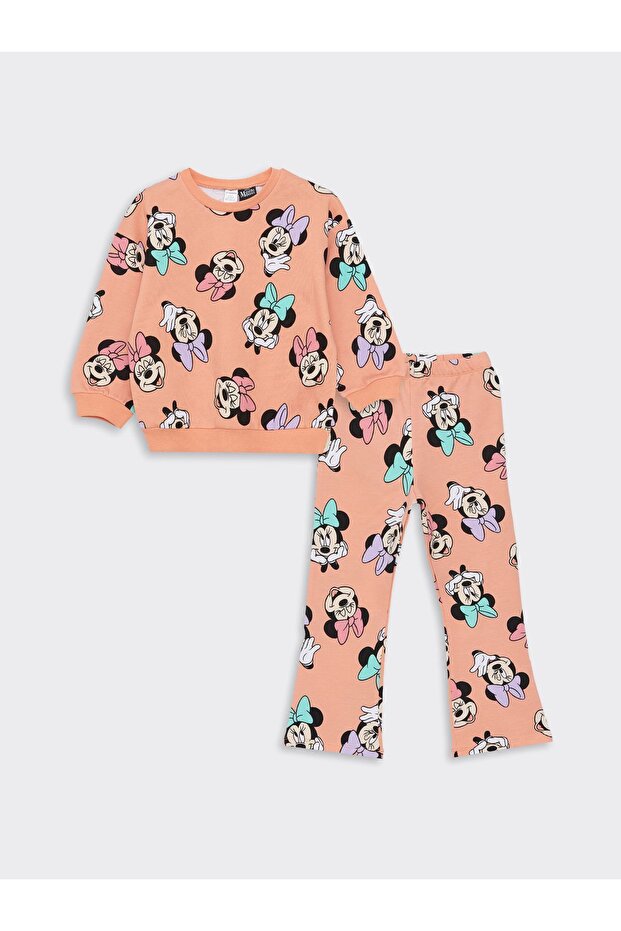 Crew Neck Long Sleeve Minnie Mouse Printed Baby Girl Sweatshirt and Tights 2-Piece Set