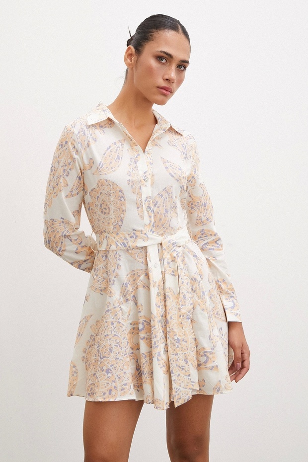 Godeli Desenli Elbise Krem - 5