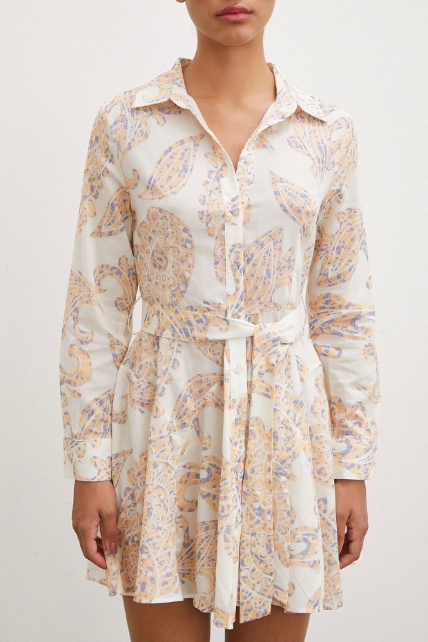 Godeli Desenli Elbise Krem - 6