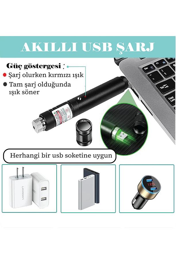 PRO-303 USB Şarjlı Yeşil Lazer Pointer, Sunum Kalemi, Güçlü Şarjlı Lazer İşaretleyici - 6