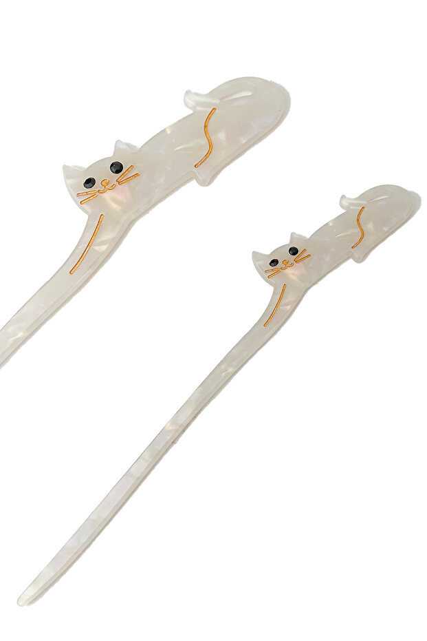 White Lying Cat Figured Hairpin with Stick (17cm)
