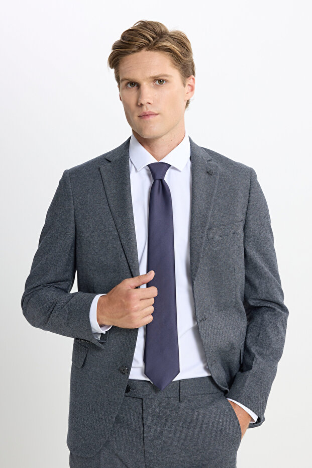 Men's Navy Blue-Grey Slim Fit Houndstooth Patterned Suit