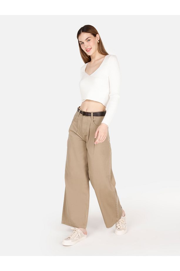 Regular Fit Geniş Paça Yüksek Bel Bej Kadın Pantolon - 3