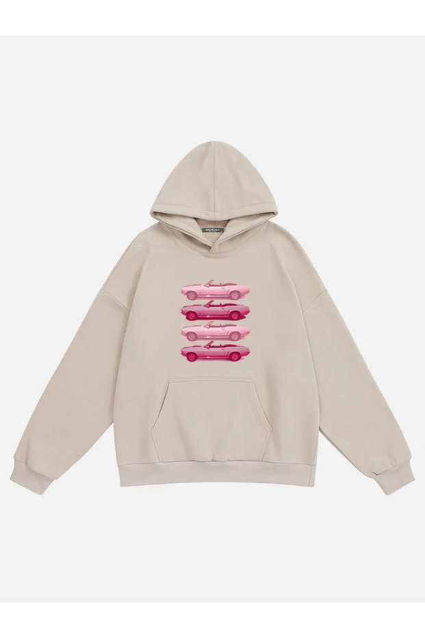 Women's Pink Cars Printed Hooded Fleece Oversize Sweatshirt