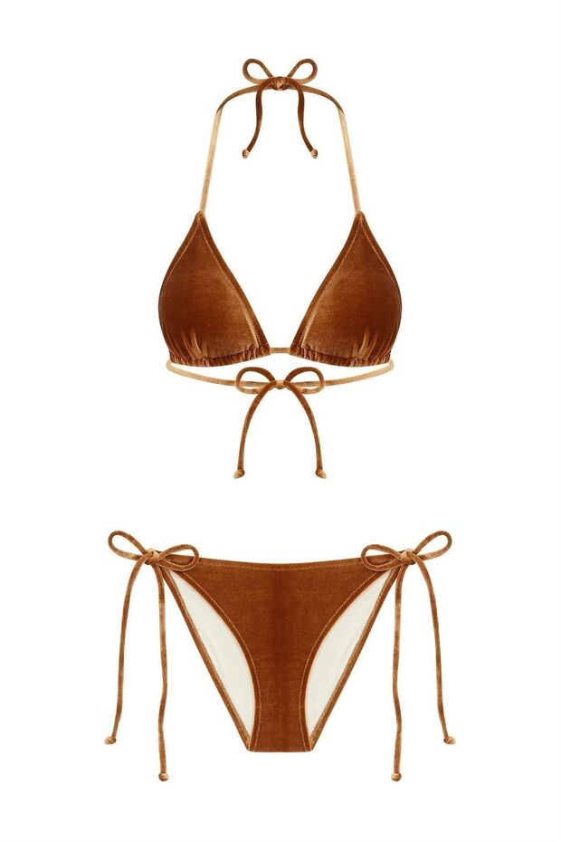 Velvet Textured Tobacco Brown Triangle Bikini Set