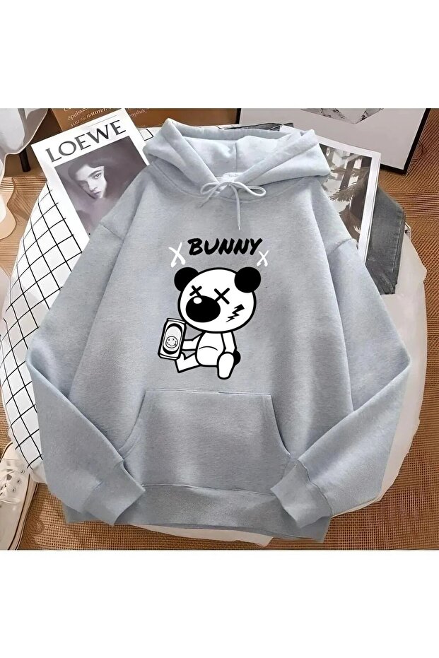 Unisex 2ip Raised BUNNY Printed Gray Oversize Sweatshirt
