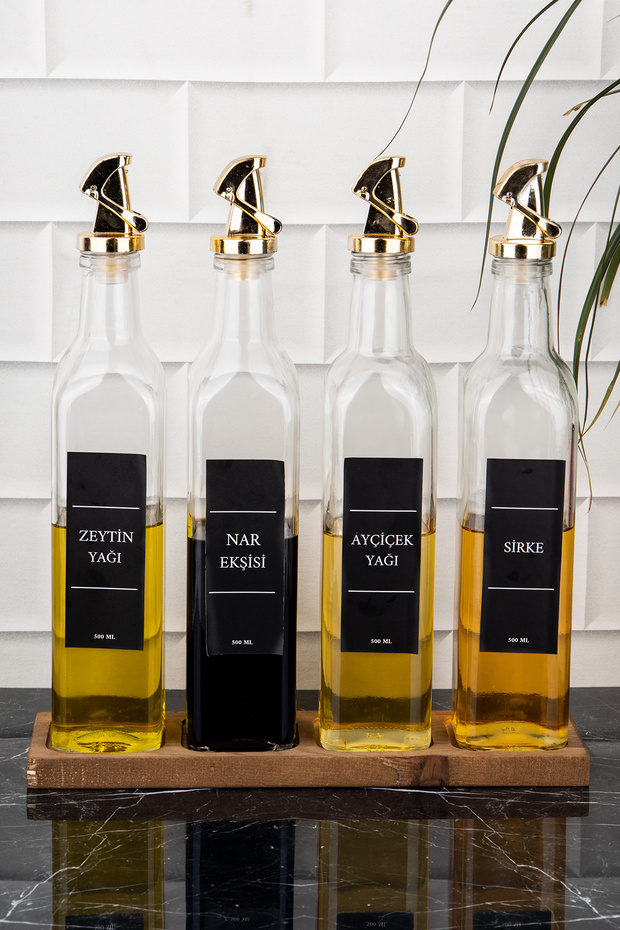 Set of 4 Glass Oil Bottles with Wooden Stand and Gold Lock Head for Sunflower Oil, Olive Oil, Vinegar, Pomegranate Syrup 500 ml