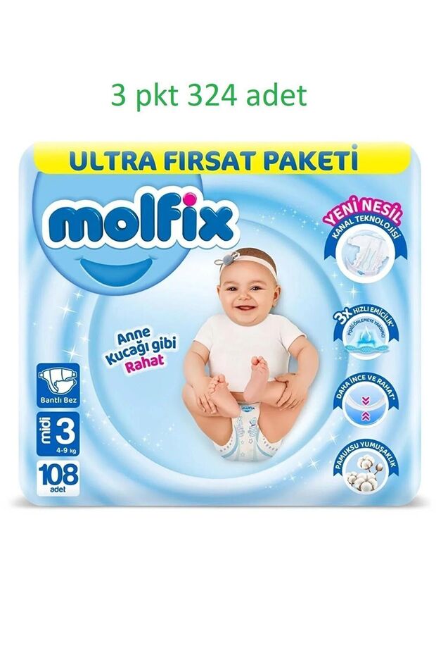 Ultra Fırsat Paketi Midi 3 Numara 108*3 (324 Adet) (4-9kg) - 1