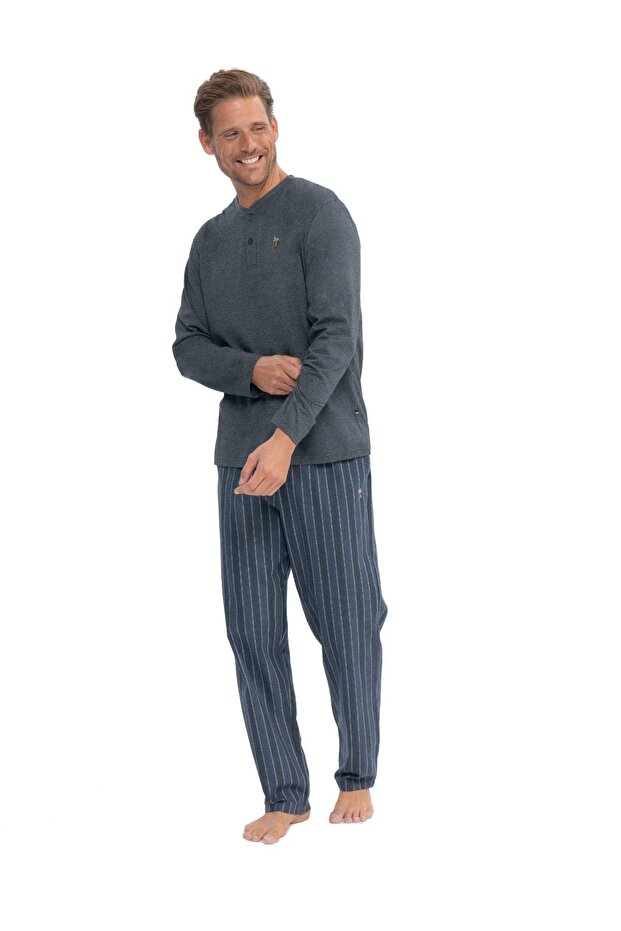 U.S. Polo Assn. 18849 Men's Anthracite Melange Long Sleeve Placketed Combed Cotton Single Jersey Woven Pajama Set