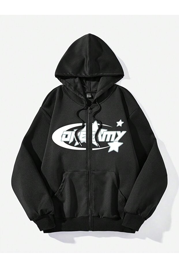 Dreamy Star Cardigan - Black Printed Winter Oversize Hooded Cardigan with Zipper Pocket Detail