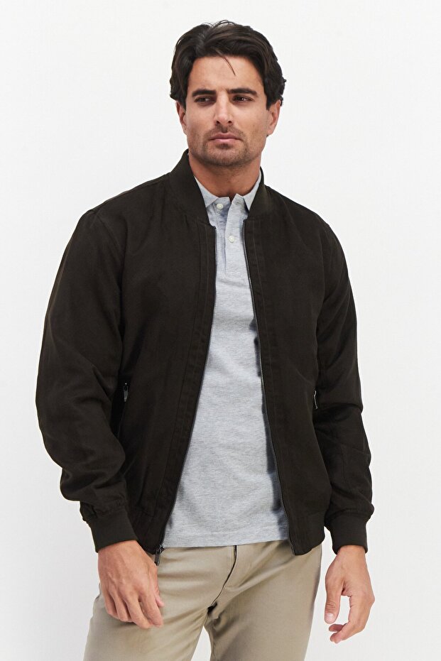 Men Micro Suede Bomber Jacket, Charcoal - 1