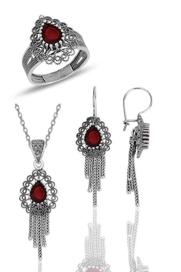 Gümüş Kök Yakut Taşlı, Püsküllü, Oksitli Telkari Üçlü Set Sgtl11901kırmızı - 1