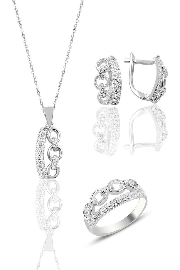 Kadın Gümüş Zincir Modeli Zirkon Taşlı Üçlü Set SGTL9077 - 1