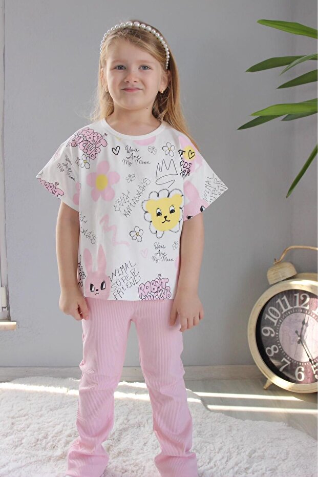 Girl's Daisy and Rabbit Patterned Combed Cotton T-SHIRT Ribbed Pants Comfortable Fit 2-Piece Set