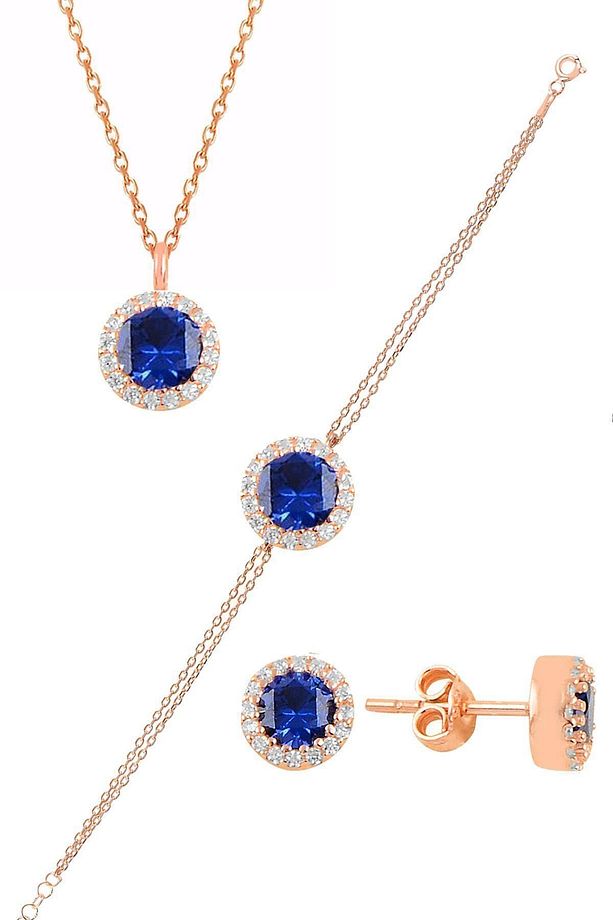 Gümüş Rose Zirkon Ve Safir Taşlı Pırlanta Modeli Üçlü Set Sgtl11175lacı - 1