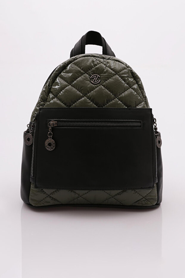 Khaki Patent Leather Wrinkled Backpack - Zipper, Women'S, 1262856