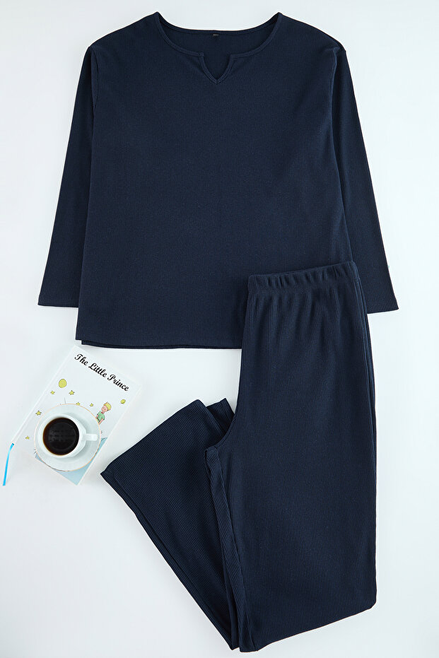 Lacivert V Yaka Kaşkorse Örme Pijama Takımı TBBAW25AI00046 - 2