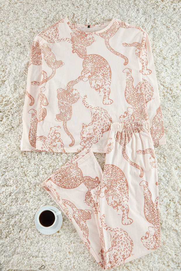 Pudra %100 Pamuklu Kaplan Desenli Örme Pijama Takımı THMAW25PT00140 - 1