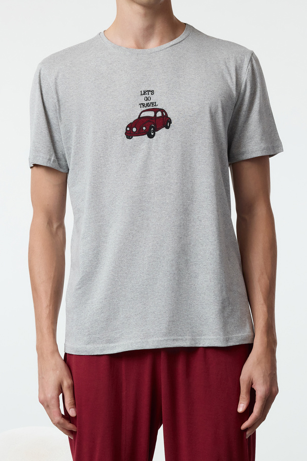 Gri - Bordo Regular Fit Nakışlı Örme 3 lü Pijama Takımı TMNAW25PT00024 - 5