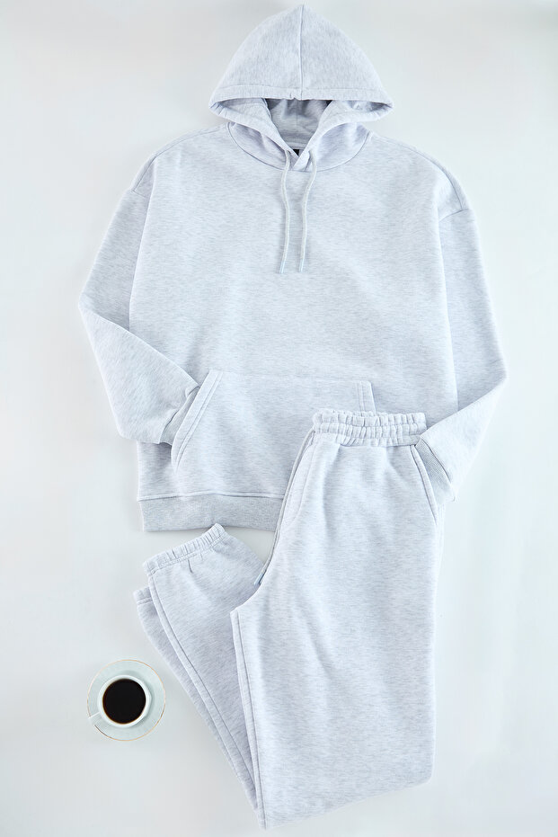Gri Melanj Regular Kesim Kapüşonlu İçi Polar Sweatshirt Eşofman Takım TMNAW24EM00002 - 6
