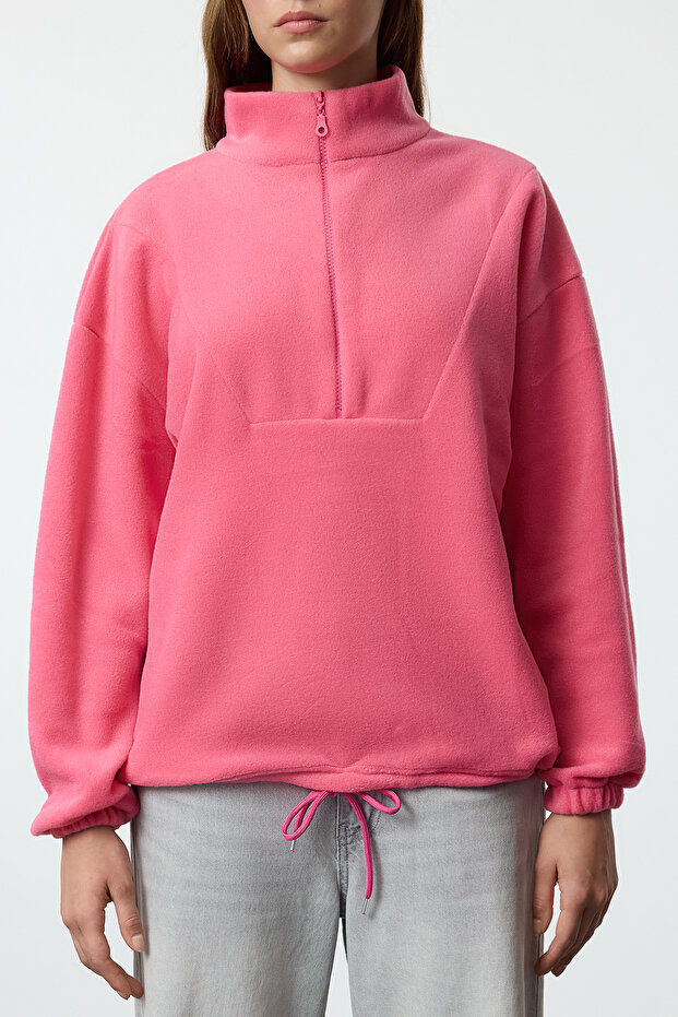 Fuşya Fermuarlı Dik Yaka Polar Regular/Normal Kesim Örme Sweatshirt TWOAW21SW0758 - 4