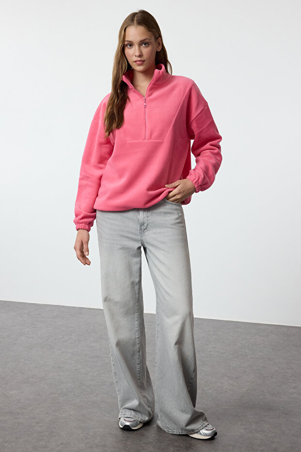 Fuşya Fermuarlı Dik Yaka Polar Regular/Normal Kesim Örme Sweatshirt TWOAW21SW0758 - 2