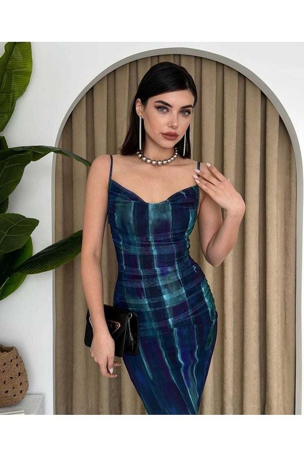 AYARLANABİLİR  ASKILI  SIRTI FERMUARLI ,ÖNÜ KOMPLE DRAPE MİDİ BOY TÜL ELBİSEMİZ 1.KALİTE - 9