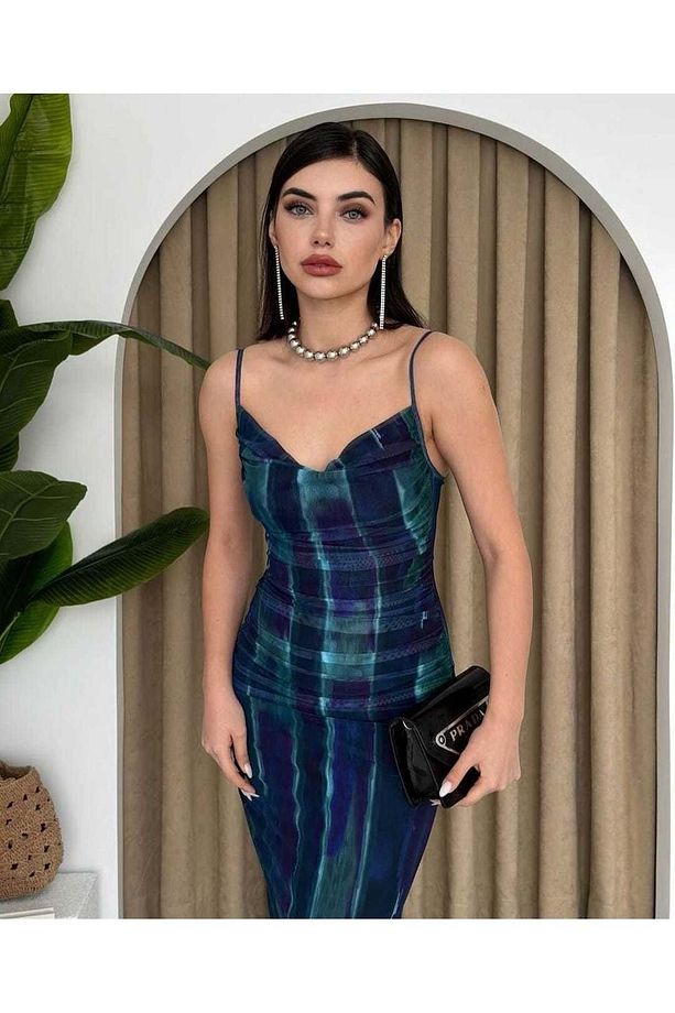 AYARLANABİLİR  ASKILI  SIRTI FERMUARLI ,ÖNÜ KOMPLE DRAPE MİDİ BOY TÜL ELBİSEMİZ 1.KALİTE - 4
