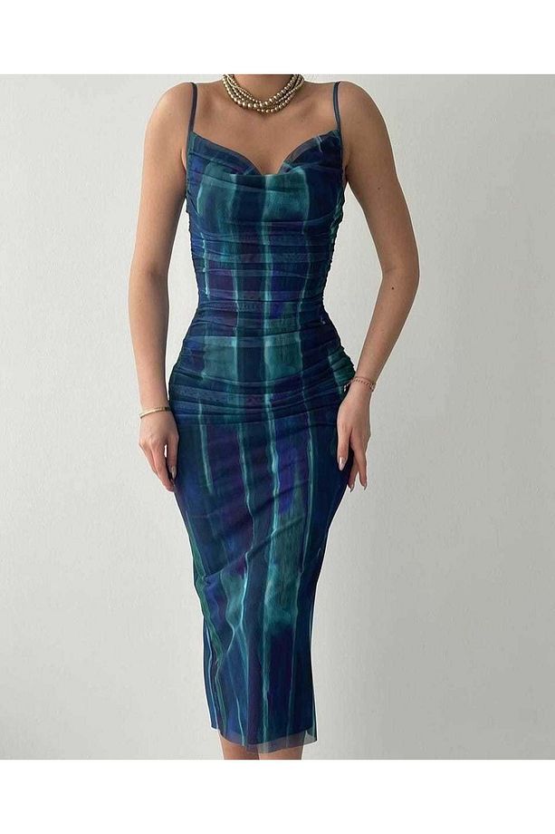 AYARLANABİLİR  ASKILI  SIRTI FERMUARLI ,ÖNÜ KOMPLE DRAPE MİDİ BOY TÜL ELBİSEMİZ 1.KALİTE - 6