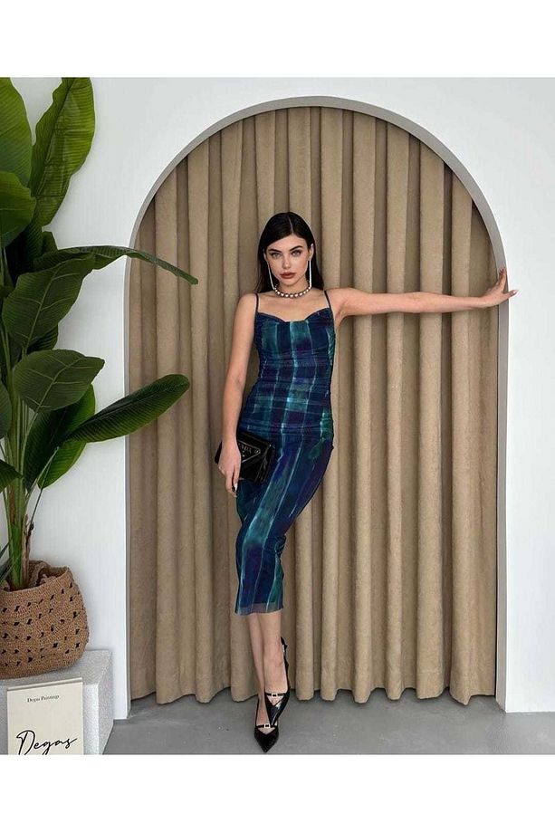 AYARLANABİLİR  ASKILI  SIRTI FERMUARLI ,ÖNÜ KOMPLE DRAPE MİDİ BOY TÜL ELBİSEMİZ 1.KALİTE - 7