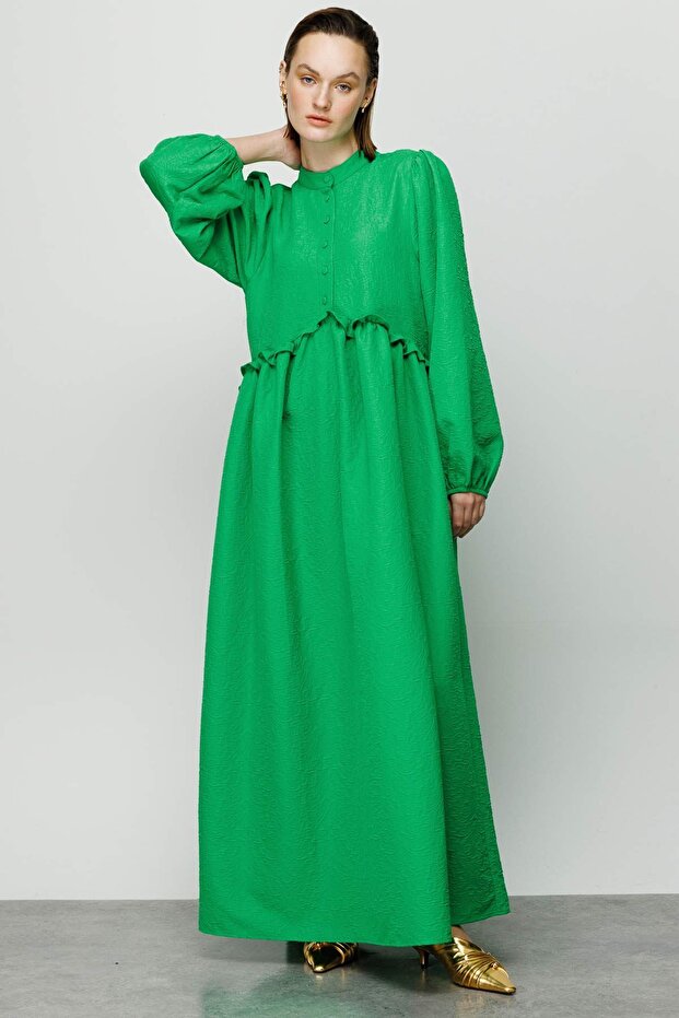 Ruffle Detailed Collared Dress - Benetton Green