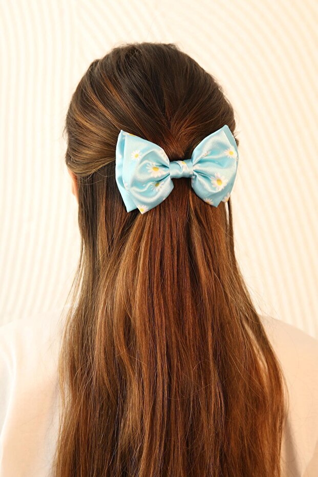 Blue Daisy Patterned Bow Automatic Hair Clip - 2