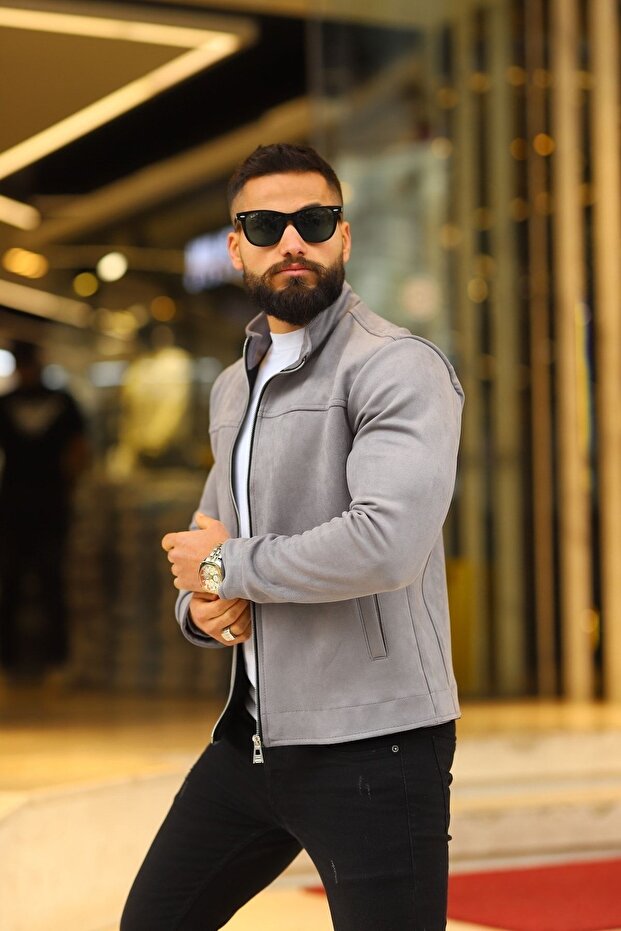 سترة الربيع من جلد الغزال الرمادي للرجال - 3