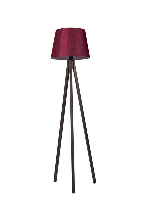 Üç Ayaklı Lambader Tripod Abajur 3 Ayaklı Ahşap Lamba Konik Kumaş Başlık Bordo Kahverengi Ayak L347 - 1