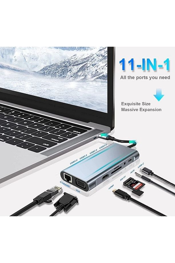 Macbook Pro Air Type C Hub Pd Şarj Hdmı Sd Network Vga Girişli 11 In 1 Hub Çevirici Dönüştürücü - 4