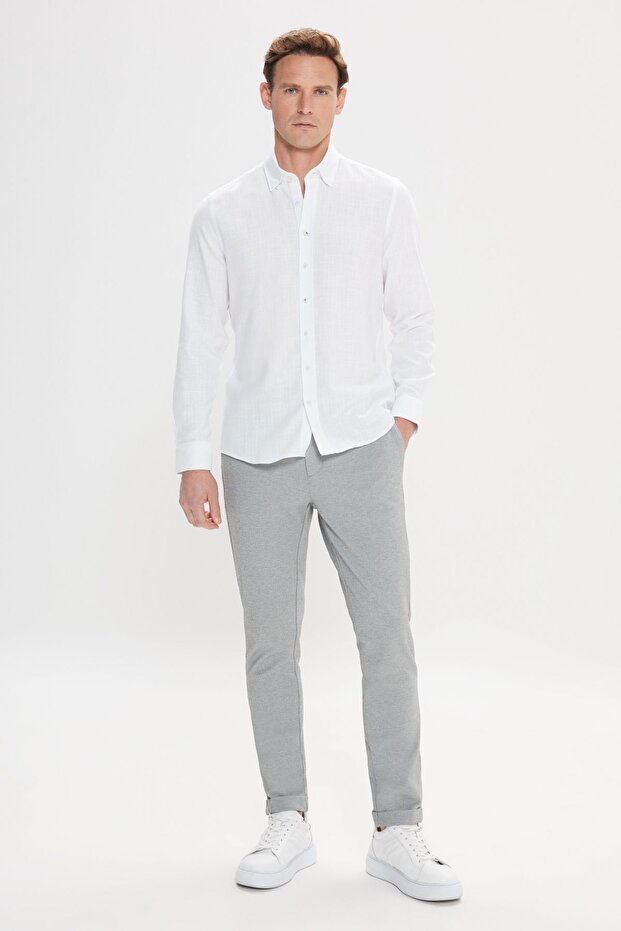 Erkek Beyaz %100 Pamuk Slim Fit Dar Kesim Gizli Düğmeli Yaka Keten Görünümlü Flamlı Gömlek - 2