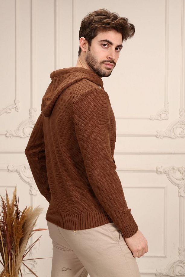 Rtd & Vld Erkek Kahve Kapşonlu Triko Sweatshirt Kazak - 3