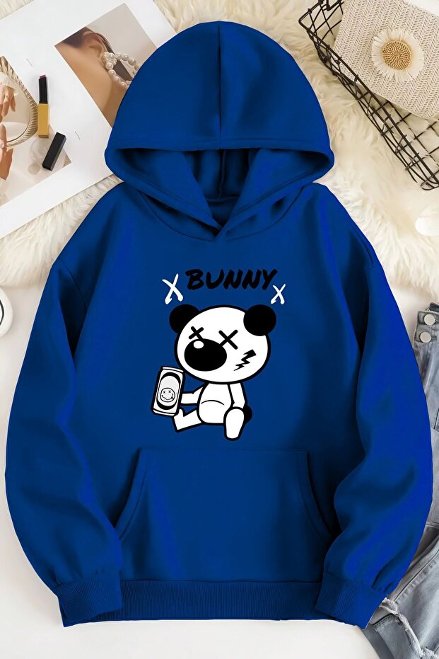 Unisex 2ip Raised BUNNY Printed Sax Oversize Sweatshirt