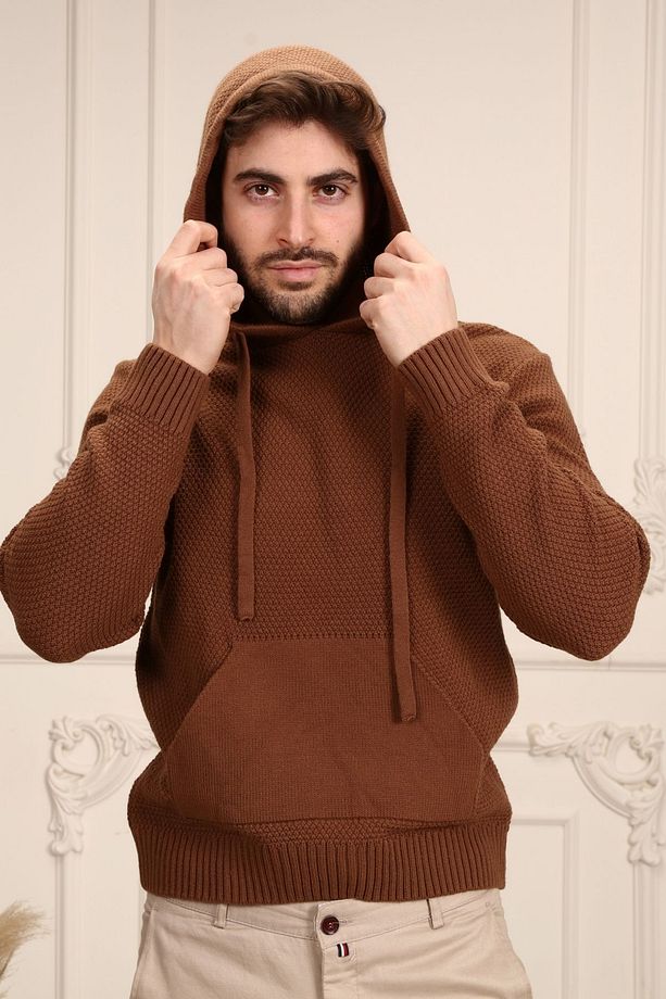 Rtd & Vld Erkek Kahve Kapşonlu Triko Sweatshirt Kazak - 7