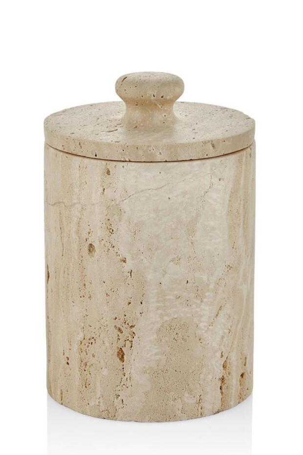 Evza Travertine Marble Bathroom Trash Can with Lid 15X15X23 cm | Luxury Matte Bathroom Accessory