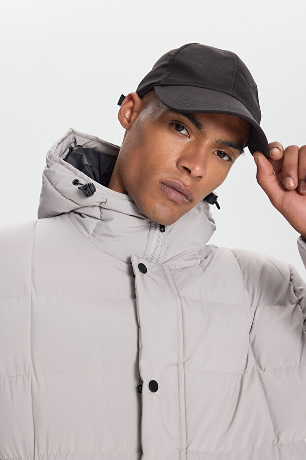 Erkek Taş Standart Fit Normal Kesim Kapüşonlu Dik Yaka Yan Cepli Kaban - 5