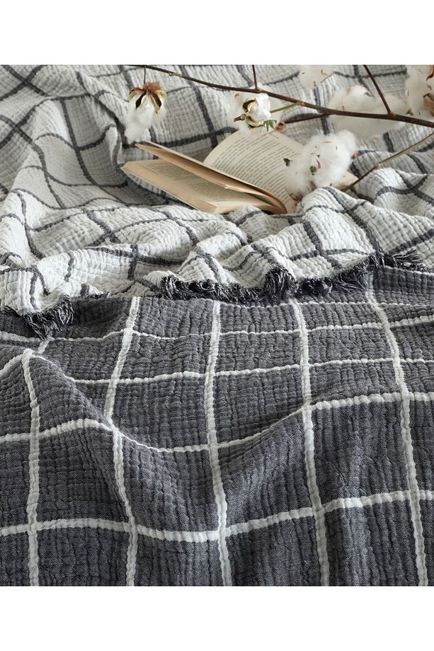 Gri Kare Desenli Naturel 4 Katlı Multi Muslin %100 Pamuk Tek Kişillik Yatak Örtüsü 160x240cm - 6
