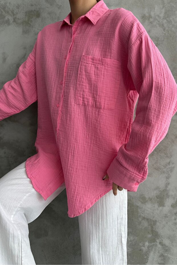 Kadın Şeker Pembe Oversize Basic Pamuk Gömlek - 3