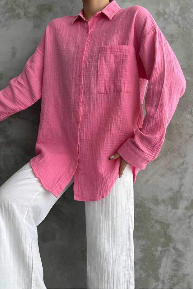 Kadın Şeker Pembe Oversize Basic Pamuk Gömlek - 2