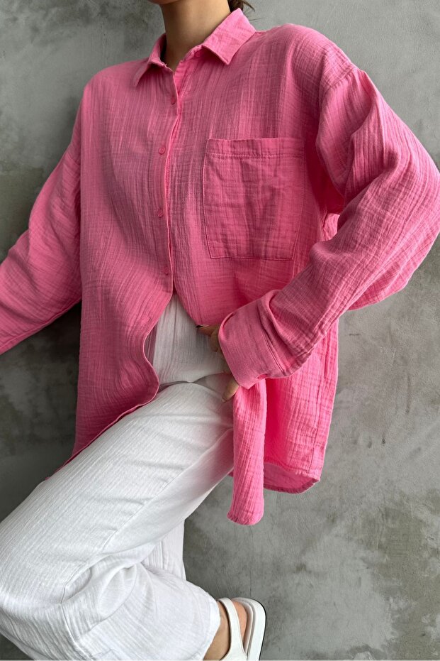 Kadın Şeker Pembe Oversize Basic Pamuk Gömlek - 1